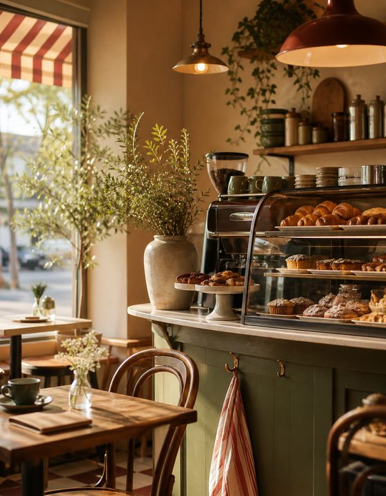 Warm bakery interior with pastries and coffee