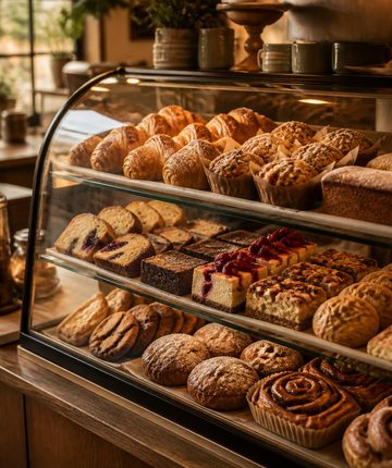 Fresh pastries in a bakery case
